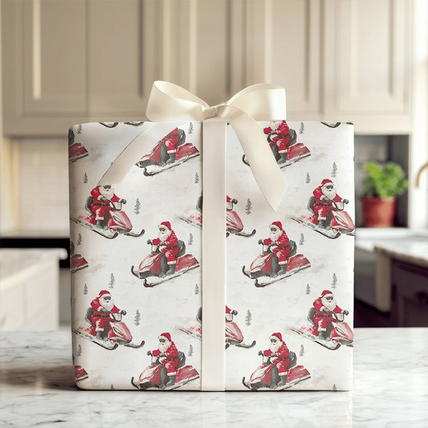 Watercolor Winter Gift Wrap, Santa Riding Red Snowmobile Wrapping Paper, Retro Holiday Wrapping Paper, Christmas Present Pape