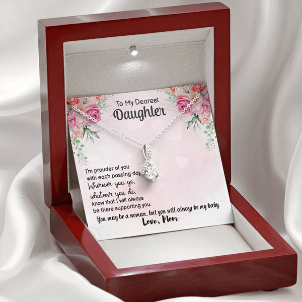 Sparkling Ribbon Pendant Necklace, Daughter Necklace Present from Mom, 14k White Gold Ribbon Pendant, Meaningful Birthday Chr