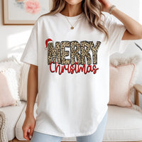 Trendy Holiday Graphic T-Shirt, Merry Christmas Leopard Print T-Shirt, Festive Winter Animal Print Shirt, Adorable Xmas Season Graphic T-Shirt