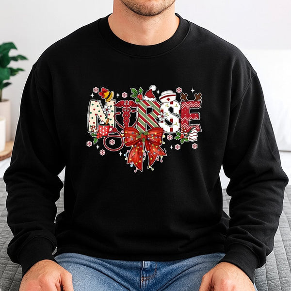 Stethoscope Bow Holiday Sweater, Christmas Nurse Sweatshirt, Festive RN Crewneck Sweatshirt, Nursing Student Pullover, Winter