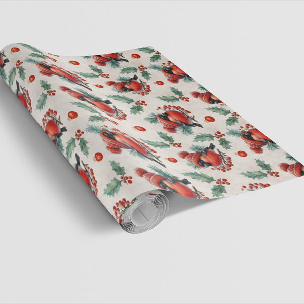 Holly Berries Bird Holiday Gift Wrap, Winter Bullfinch Christmas Wrapping Paper, Festive Nature Present Paper, Elegant Xmas G