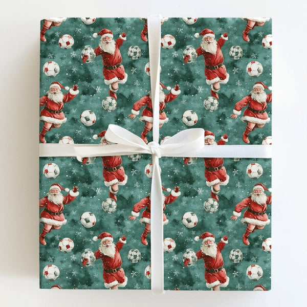 Sports Santa Holiday Gift Wrap Roll, Soccer Santa Christmas Wrapping Paper, Football Player Present Paper, Athletic Kid Gift 