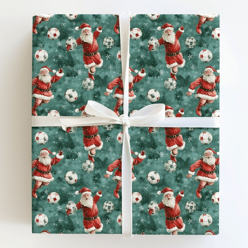 Sports Santa Holiday Gift Wrap Roll, Soccer Santa Christmas Wrapping Paper, Football Player Present Paper, Athletic Kid Gift Wrap