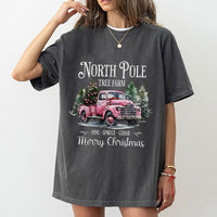 Vintage Pink Truck Christmas Shirt, North Pole Tree Farm T-Shirt, Retro Holiday Graphic Tee, Adorable Farmhouse Winter T-Shirt, Present for Her