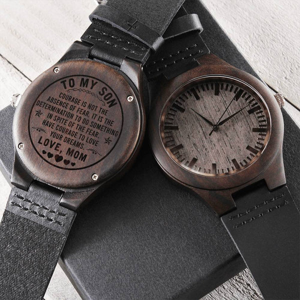Sandalwood Watch, Courage Quote Engraved Wooden Watch for Son, Genuine Leather Band Wood Wristwatch, Birthday Christmas Prese