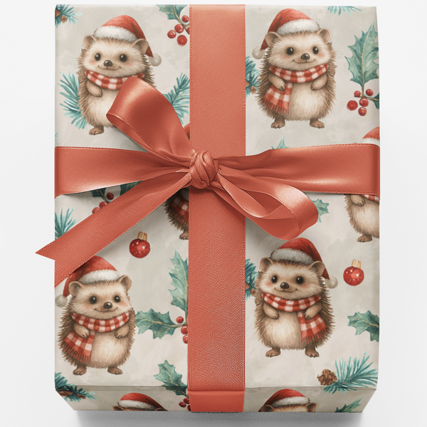 Adorable Woodland Animal Holiday Gift Wrap, Hedgehog Christmas Wrapping Paper, Winter Forest Present Paper, Festive Xmas Wrap