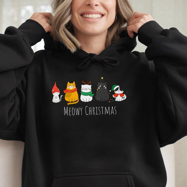 Adorable Holiday Kitty Sweatshirt, Meowy Christmas Cat Hoodie, Humorous Animal Lover Xmas Pullover, Retro Winter Cat Hooded G