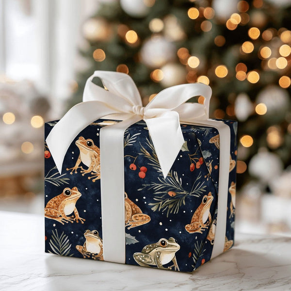 Botanical Nature Holiday Gift Wrap, Watercolor Frog Wrapping Paper, Christmas Frog Wrapping Paper, Winter Holly Berry Floral 