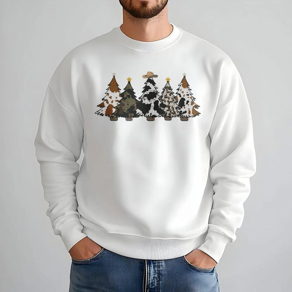 Cowhide Pattern Tree Crewneck, Country Christmas Sweatshirt, Western Holiday Sweater, Rustic Farmhouse Christmas Pullover Pre