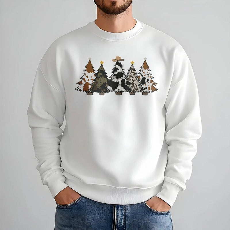 Cowhide Pattern Tree Crewneck, Country Christmas Sweatshirt, Western Holiday Sweater, Rustic Farmhouse Christmas Pullover Present