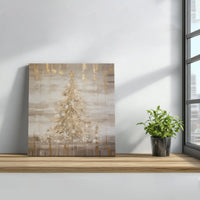Abstract Gold Leaf Holiday Pine Painting, Gold Christmas Tree Square Canvas, Elegant Winter Canvas Print, Festive Christmas Home Decor