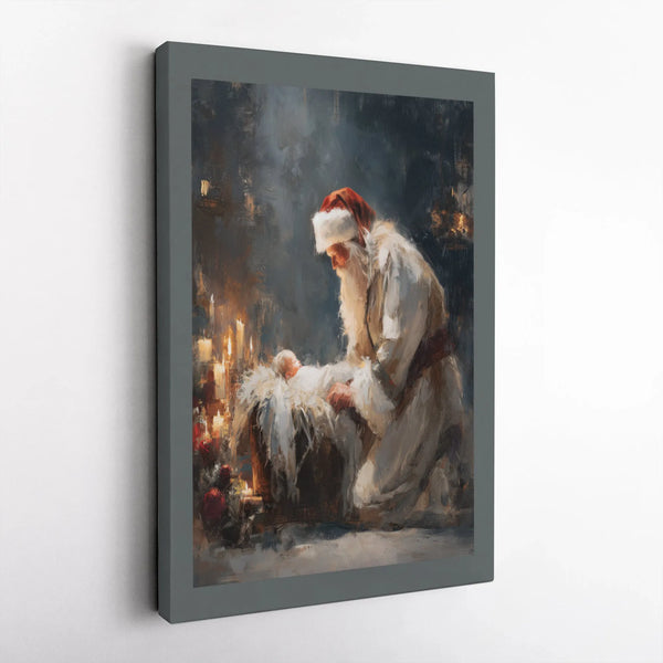 Nativity Scene Canvas Print, Kneeling Santa Baby Jesus Canvas Art, Christian Christmas Canvas Wall Decor, Holiday Faith Wall 