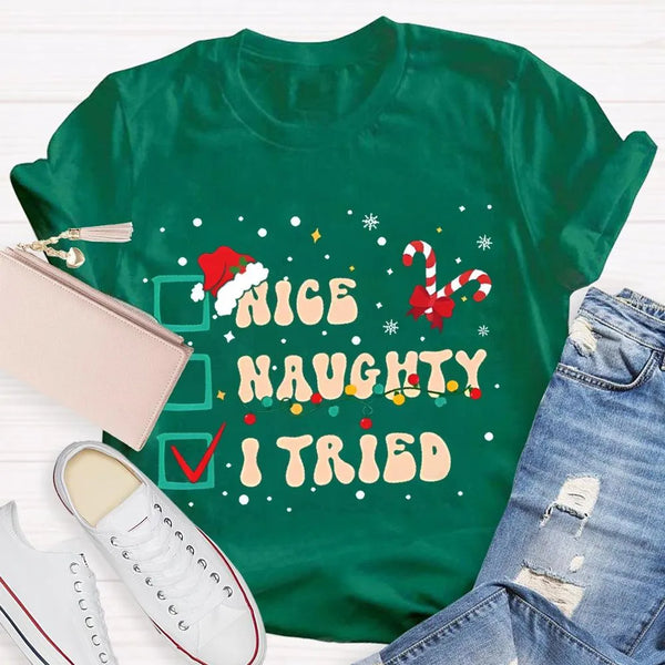 Humorous Family Christmas Holiday Shirt, Nice Naughty List Santa Hat Candy Cane T-Shirt, Christmas List Humor Tee, Adorable C