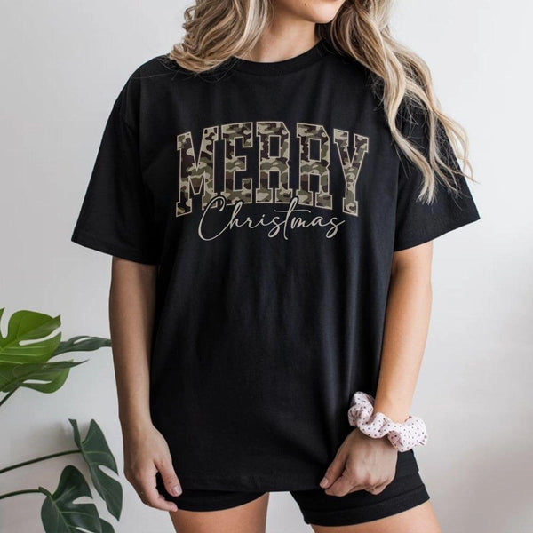 Varsity Letter Holiday Shirt, Merry Christmas Camo T-Shirt, Outdoorsy Winter Graphic Tee, Festive Xmas Top, Present for Men a