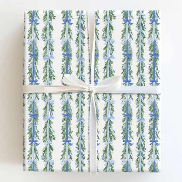 Pine and Blue Bow Gift Wrap, Evergreen Garland Wrapping Paper, Holiday Garland Wrapping Paper, Winter Christmas Wrapping Pape