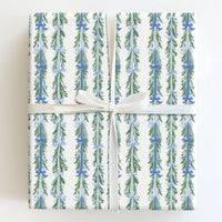 Pine and Blue Bow Gift Wrap, Evergreen Garland Wrapping Paper, Holiday Garland Wrapping Paper, Winter Christmas Wrapping Paper Roll