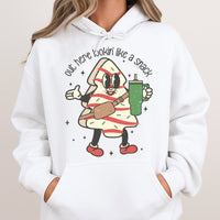 Retro Holiday Snack Cake Sweatshirt, Christmas Tree Cake Hoodie, Nostalgic Xmas Pullover, Humorous Christmas Graphic Hooded Sweater