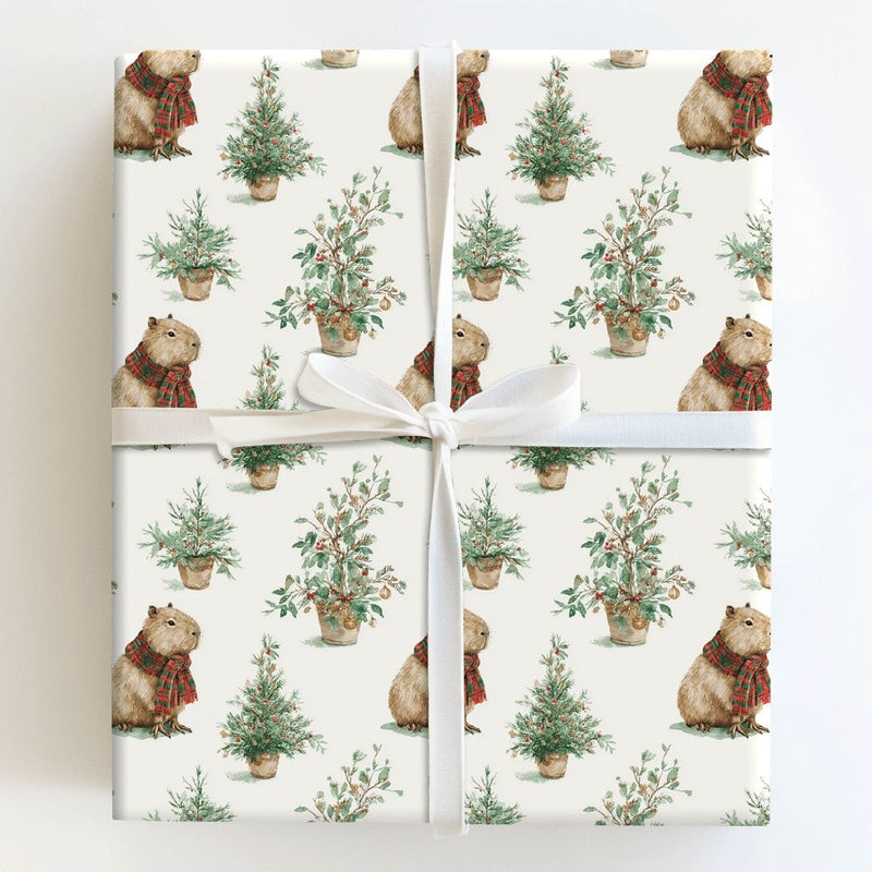 Plaid Scarf Wrapping Paper, Capybara Christmas Wrapping Paper, Adorable Animal Holiday Gift Wrap, Festive Watercolor Capybara Wrapping Paper