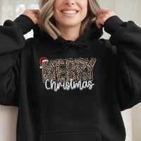 Festive Holiday Lettering Hooded Sweatshirt, Merry Christmas Leopard Hoodie, Adorable Xmas Leopard Pullover Hoodie, Winter Holiday Party Hoodie