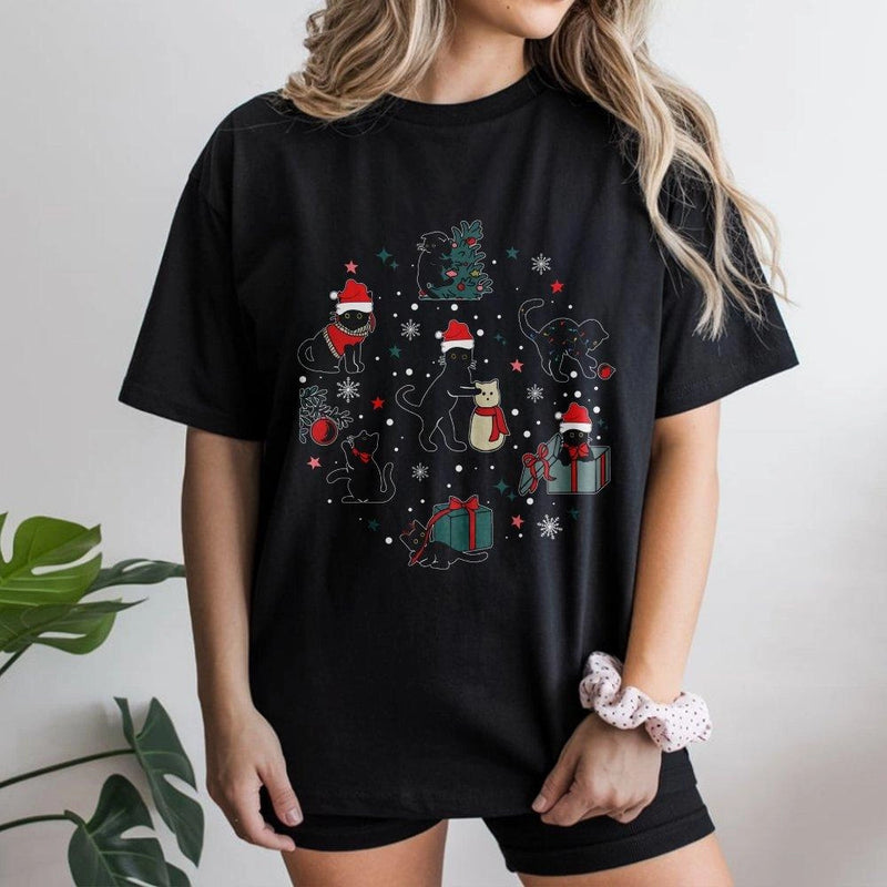 Festive Santa Hat Cat T-Shirt, Christmas Black Cat Shirt, Adorable Holiday Kitten Graphic Tee, Retro Xmas Cat Lover Shirt, Winter Holiday Present