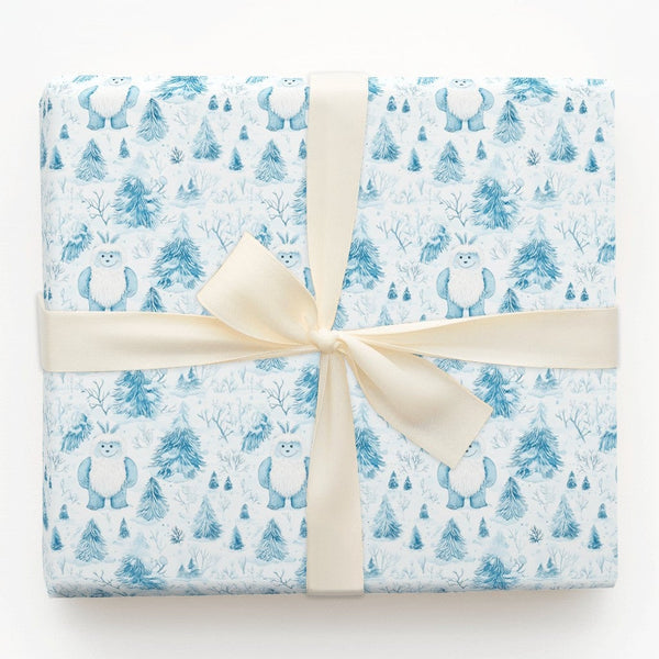 Adorable Abominable Snowman Gift Wrap Roll, Yeti Christmas Wrapping Paper, Blue Winter Forest Present Paper, Whimsical Holida