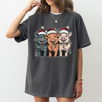 Humorous Santa Hat Pig Shirt, Christmas Pigs T-Shirt, Adorable Holiday Lights Farm Pig Graphic Tee, Country Farm Life Christmas Pig Lover T-Shirt