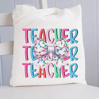 Festive Red Bow Canvas Tote Bag, Teacher Christmas Tote Bag, Adorable Holiday Educator Shoulder Bag, Winter School Book Bag, Xmas Present for Her