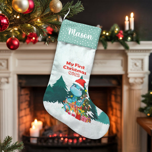 Dinosaur Santa Hat Christmas Stocking, Personalized Baby First Christmas Stocking, Adorable Dino Holiday Stocking, Baby First