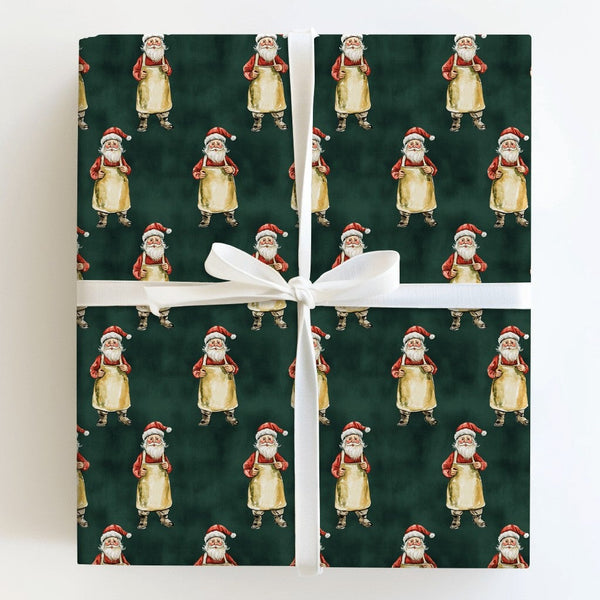 Craftsman Santa in Apron Gift Wrap, Baker Santa Claus Wrapping Paper, Toymaker Christmas Paper, Dark Green Holiday Present Wr