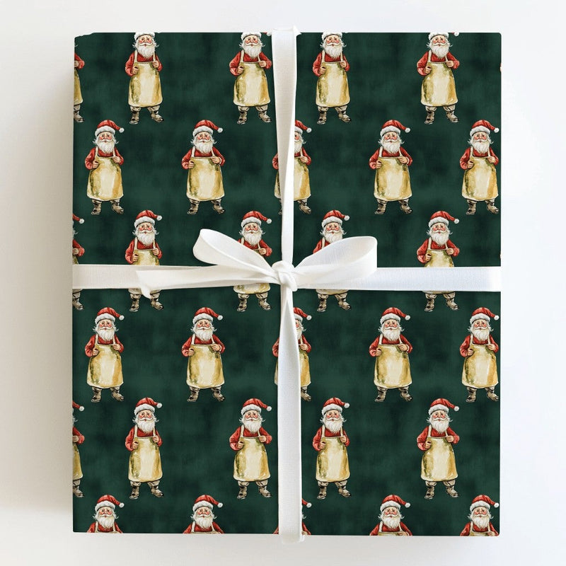 Craftsman Santa in Apron Gift Wrap, Baker Santa Claus Wrapping Paper, Toymaker Christmas Paper, Dark Green Holiday Present Wrapping Roll