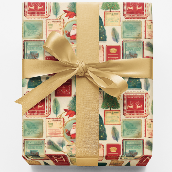 Christmas Wrapping Paper, Vintage Holiday Stamp Wrapping Paper, Retro Postage Stamp Gift Wrap, Festive Xmas Gift Wrapping Pap