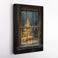 Winter Holiday Lights Canvas Print, Christmas Tree Snowy Window Canvas Art, Comfy Farmhouse Christmas Wall Decor, Seasonal Holiday Present