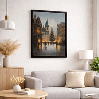 Vintage City Square Winter Wall Art, Snowy European Christmas Market Canvas Art, Comfy Holiday Town Canvas Print, Seasonal Xmas Home Decor