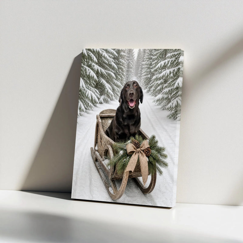 Snowy Forest Labrador Canvas Print, Black Lab Winter Sled Canvas, Christmas Dog Wall Art, Holiday Labrador Canvas Decor, Dog Lover Present