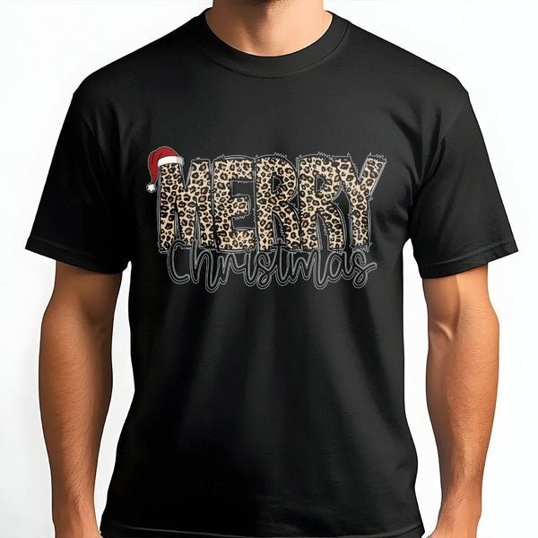 Merry Christmas Graphic Tee, Leopard Print Santa Hat Christmas T-Shirt, Trendy Holiday Santa Shirt, Adorable Festive Xmas T-S