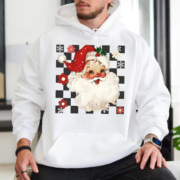Checkered Christmas Graphic Hooded Sweatshirt, Retro Santa Hoodie, Vintage Santa Claus Holiday Hoodie, Festive Winter Pullove