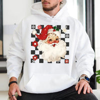Checkered Christmas Graphic Hooded Sweatshirt, Retro Santa Hoodie, Vintage Santa Claus Holiday Hoodie, Festive Winter Pullover, Unisex Present
