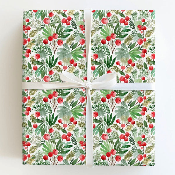 Winter Greenery Pine Needle Gift Wrap, Watercolor Red Berry Wrapping Paper, Botanical Christmas Wrapping Paper, Holiday Prese