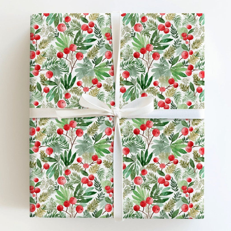Winter Greenery Pine Needle Gift Wrap, Watercolor Red Berry Wrapping Paper, Botanical Christmas Wrapping Paper, Holiday Present Wrap Roll