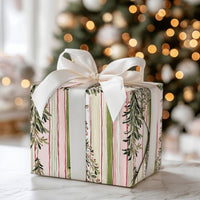 Watercolor Foliage Gift Wrap, Striped Christmas Tree Wrapping Paper, Pink and Green Holiday Wrapping Paper