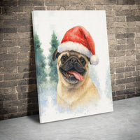 Watercolor Santa Hat Puppy Canvas Print, Christmas Pug Canvas Art, Festive Dog Wall Art, Holiday Animal Canvas Decor, Present for Pug Lovers