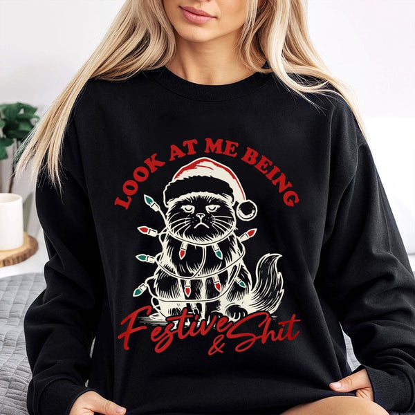 Grumpy Kitten in Santa Hat Crewneck, Humorous Cat Christmas Sweatshirt, Sarcastic Holiday Cat Mom Pullover, Adorable Xmas Pre