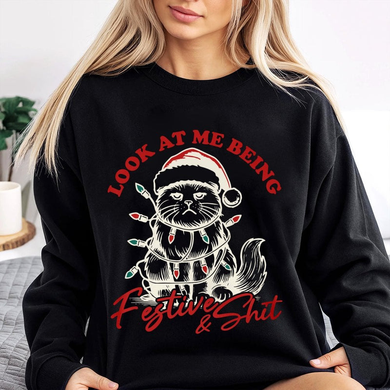 Grumpy Kitten in Santa Hat Crewneck, Humorous Cat Christmas Sweatshirt, Sarcastic Holiday Cat Mom Pullover, Adorable Xmas Present for Cat Lovers