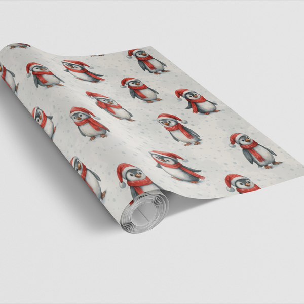 Watercolor Winter Penguin Wrapping Paper, Christmas Penguin Gift Wrap Paper, Adorable Arctic Animal Gift Wrap Roll
