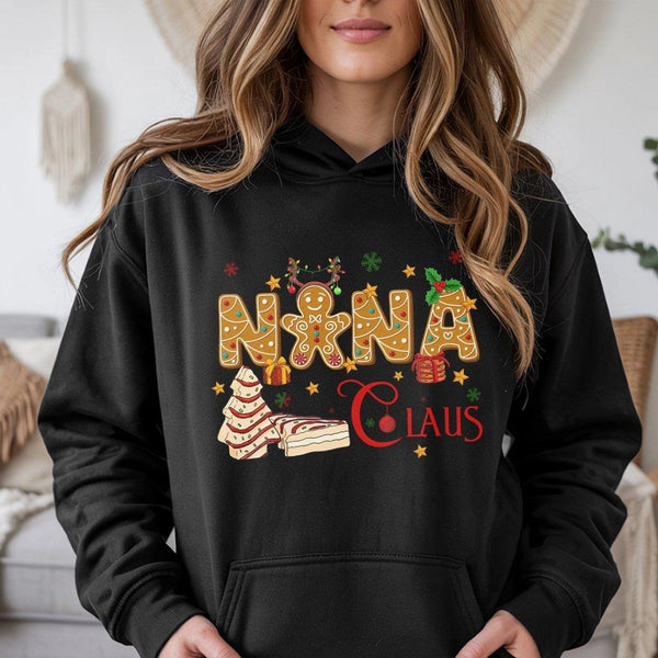 Gingerbread Man Holiday Hoodie, Nana Claus Christmas Hoodie, Adorable Grandma Cookie Graphic Hoodie, Matching Family Xmas Swe