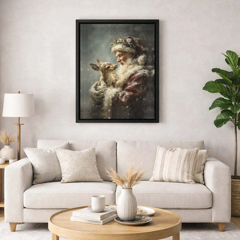 Vintage Christmas Canvas Painting, Santa Claus with Fawn Canvas Wall Art, Holiday Winter Scene Canvas Print, Festive Xmas Wall Art Decor