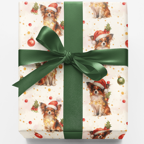 Festive Santa Hat Dog Gift Wrap, Papillon Christmas Wrapping Paper, Papillon Dog Holiday Wrapping Paper, Adorable Xmas Pet Pr