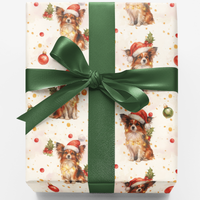 Festive Santa Hat Dog Gift Wrap, Papillon Christmas Wrapping Paper, Papillon Dog Holiday Wrapping Paper, Adorable Xmas Pet Present Paper