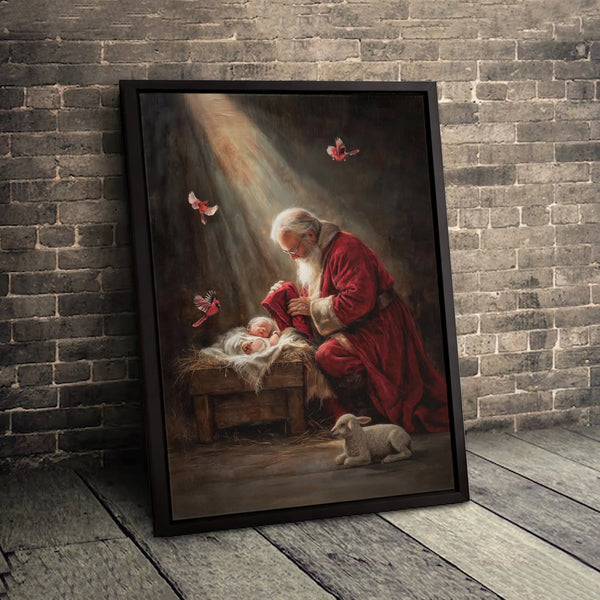 Nativity Scene Cardinals Canvas, Santa Adoring Baby Jesus Canvas Print, Religious Christmas Art Canvas, Holy Night Winter Hol