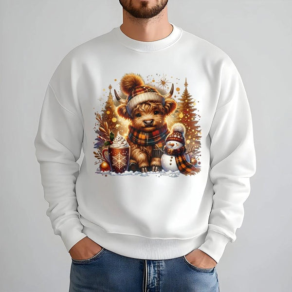 Adorable Winter Cow Crewneck, Highland Cow Christmas Sweatshirt, Snowman Cocoa Holiday Sweater, Farm Animal Pullover, Xmas Co